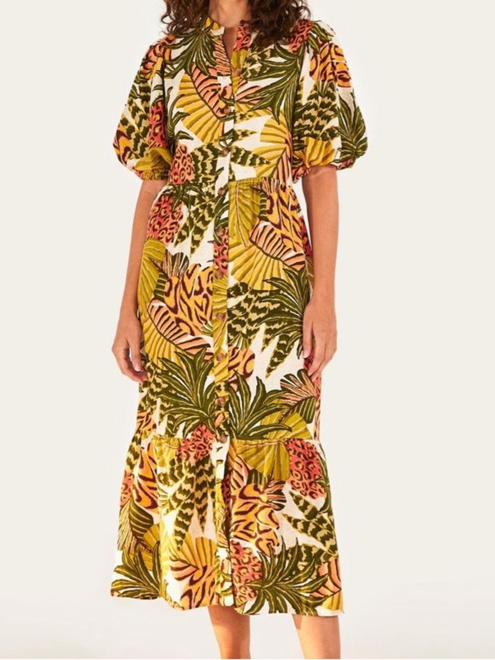 FARM Rio Aquarela Animal Chemise Midi Dress Tropical Print Button Linen Blend
